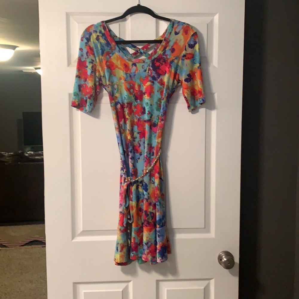Multi Color Nina Leonard Belted Dress